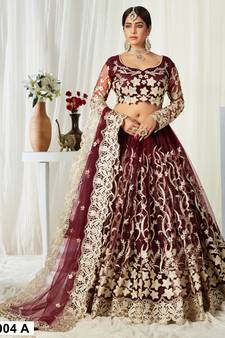 Wine Badla Worked net Semi Stitched bridal lehenga