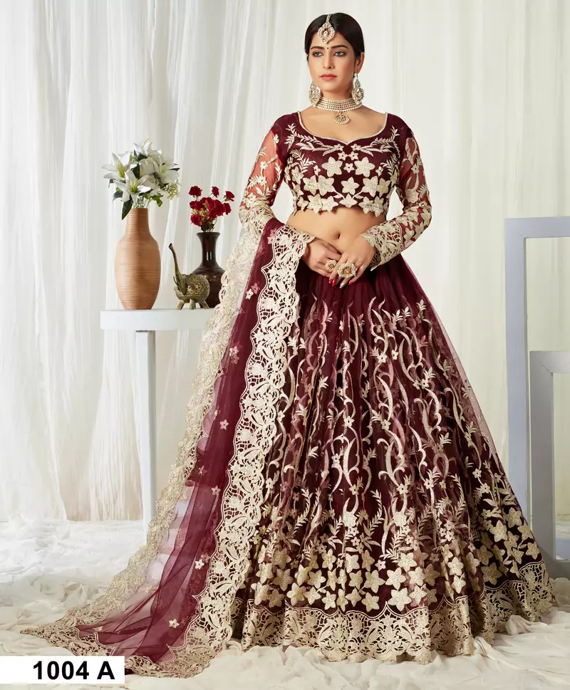 Wine Badla Worked net Semi Stitched bridal lehenga