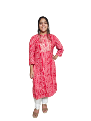 Red Rayon Bandhani Kurti With Beautiful Embroidery& Sitara Work 1