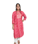 Red Rayon Bandhani Kurti With Beautiful Embroidery& Sitara Work