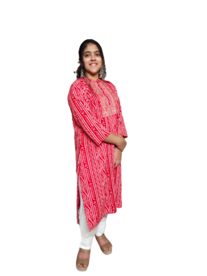 Red Rayon Bandhani Kurti With Beautiful Embroidery& Sitara Work 2