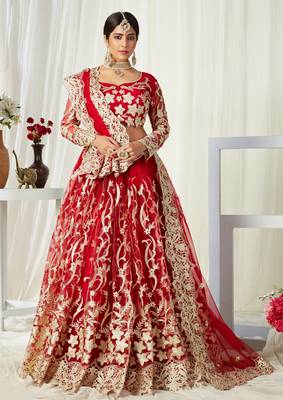 Mesmerizing Red Badla Worked net fabric Lehenga Choli for Bride 1