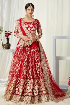 Red embroidered net semi stitched lehenga