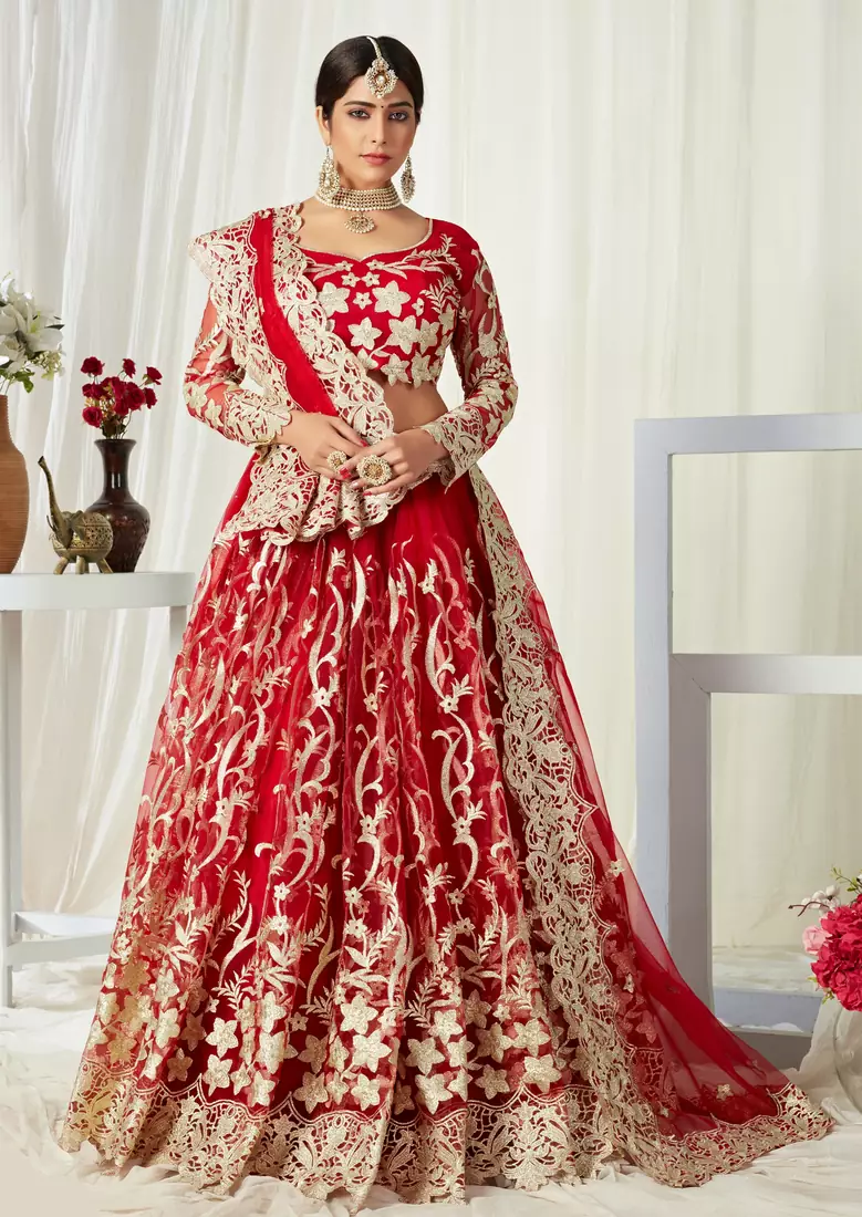 Red embroidered net semi stitched lehenga