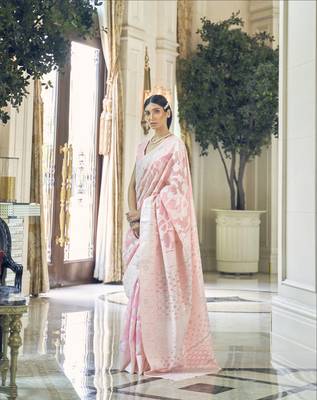 Baby pink woven banarasi saree with blouse 1
