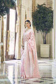 Baby pink woven banarasi saree with blouse