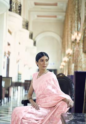 Baby pink woven banarasi saree with blouse 2