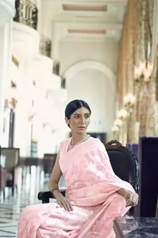 Baby pink woven banarasi saree with blouse