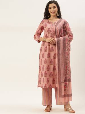 Peach Cotton Printed With Gota Work Straight Kurta With Palazzo And Dupatta Set 1