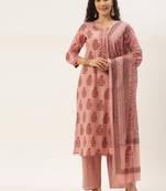 Peach Cotton Printed With Gota Work Straight Kurta With Palazzo And Dupatta Set