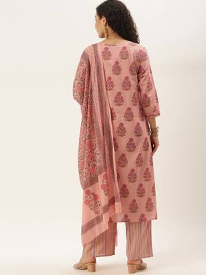 Peach Cotton Printed With Gota Work Straight Kurta With Palazzo And Dupatta Set 2