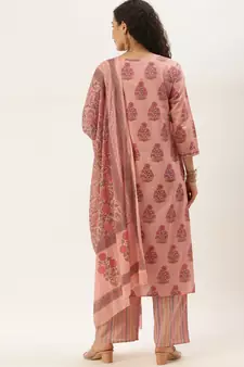 Peach Cotton Printed With Gota Work Straight Kurta With Palazzo And Dupatta Set