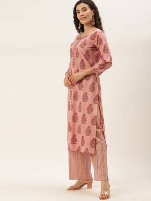 Peach Cotton Printed With Gota Work Straight Kurta With Palazzo And Dupatta Set 3