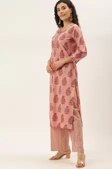 Peach Cotton Printed With Gota Work Straight Kurta With Palazzo And Dupatta Set