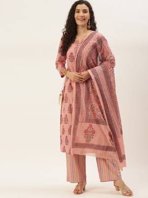 Peach Cotton Printed With Gota Work Straight Kurta With Palazzo And Dupatta Set 4