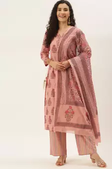 Peach Cotton Printed With Gota Work Straight Kurta With Palazzo And Dupatta Set