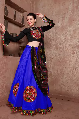 Blue Gujarati Gamthi Hand Embroidered Cotton Indian Traditional Dandiya Raas Garba Lehenga Choli For Navratri