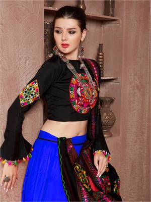 Blue Gujarati Gamthi Hand Embroidered Cotton Indian Traditional Dandiya Raas Garba Lehenga Choli For Navratri 2