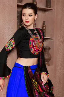Blue Gujarati Gamthi Hand Embroidered Cotton Indian Traditional Dandiya Raas Garba Lehenga Choli For Navratri