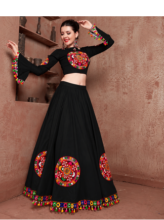 black mirror-work navratri chaniya choli with bell-sleeve blouse garba dress for women 1