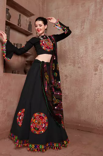 Black Gujarati Gamthi Hand Embroidered Cotton Indian Traditional Dandiya Raas Garba Festival Lehenga For Navratri