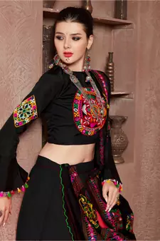 Black Mirror-Work Navratri Chaniya Choli with Bell-Sleeve Blouse Garba Dress for women