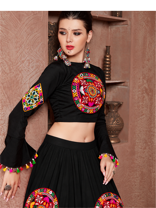 black mirror-work navratri chaniya choli with bell-sleeve blouse garba dress for women 2