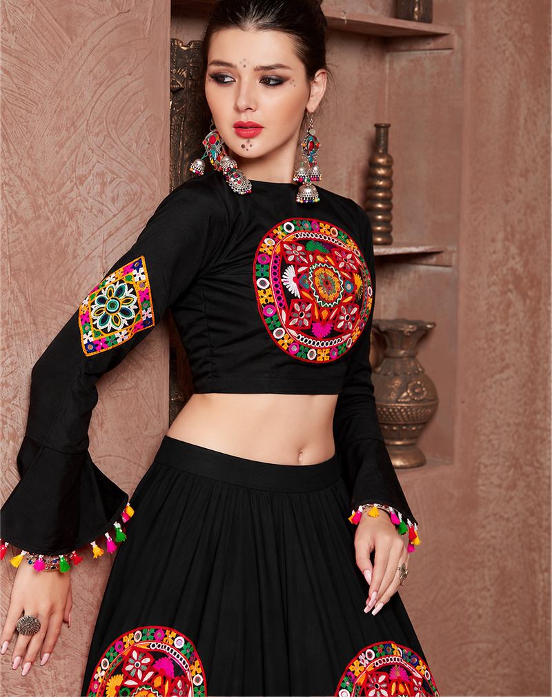 black mirror-work navratri chaniya choli with bell-sleeve blouse garba dress for women