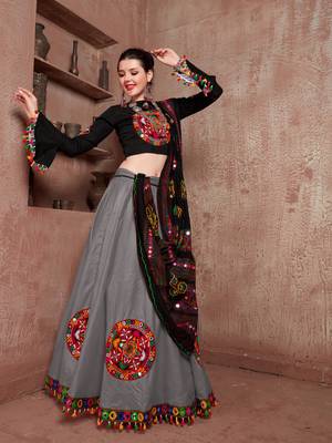 Grey Gujarati Gamthi Hand Embroidered Cotton Indian Traditional Dandiya Raas Garba Lehenga Choli For Navratri Festival 1