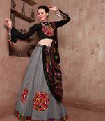 Grey Gujarati Gamthi Hand Embroidered Cotton Indian Traditional Dandiya Raas Garba Lehenga Choli For Navratri Festival