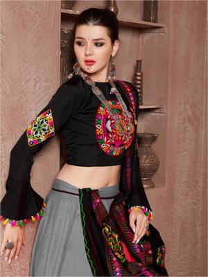Grey Gujarati Gamthi Hand Embroidered Cotton Indian Traditional Dandiya Raas Garba Lehenga Choli For Navratri Festival 2