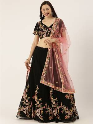 Black Embroidered Net Semi-Stitched Lehenga & Unstitched Blouse With Dupatta 1