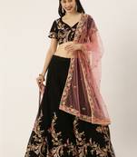 Black Embroidered Net Semi-Stitched Lehenga & Unstitched Blouse With Dupatta