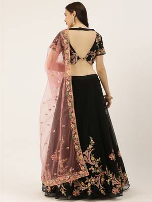 Black Embroidered Net Semi-Stitched Lehenga & Unstitched Blouse With Dupatta 2
