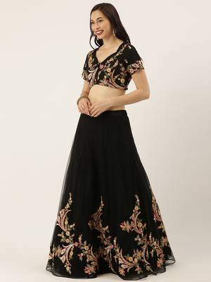 Black Embroidered Net Semi-Stitched Lehenga & Unstitched Blouse With Dupatta 3