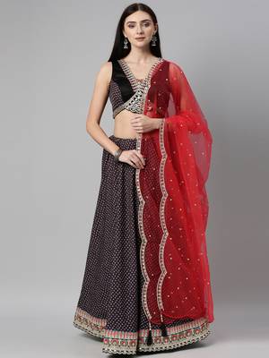 Black Silk Bandani Print Semi-Stitched Lehenga & Unstitched Blouse With Dupatta 1