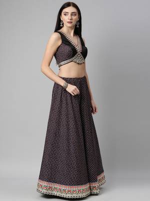 Black Silk Bandani Print Semi-Stitched Lehenga & Unstitched Blouse With Dupatta 3