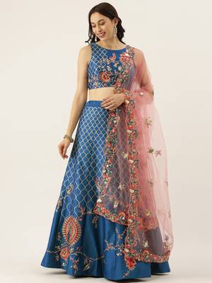 Blue Colour Satin Silk A-line Semi-Stitched Lehenga & Unstitched Blouse With Dupatta 1