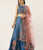 Blue Colour Satin Silk A-line Semi-Stitched Lehenga & Unstitched Blouse With Dupatta