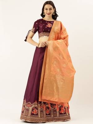 Burgundy Colour Satin Silk A-line Semi-Stitched Lehenga & Unstitched Blouse With Dupatta 1