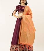 Burgundy Colour Satin Silk A-line Semi-Stitched Lehenga & Unstitched Blouse With Dupatta
