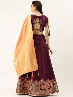 Burgundy Colour Satin Silk A-line Semi-Stitched Lehenga & Unstitched Blouse With Dupatta 2