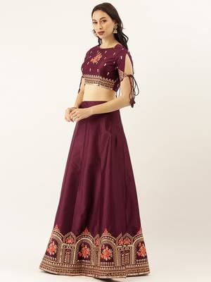 Burgundy Colour Satin Silk A-line Semi-Stitched Lehenga & Unstitched Blouse With Dupatta 3