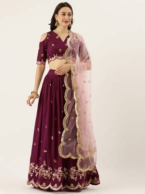 Burgundy Colour Satin Silk Flair Semi-Stitched Lehenga & Unstitched Blouse With Dupatta 1