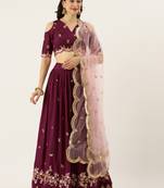 Burgundy Colour Satin Silk Flair Semi-Stitched Lehenga & Unstitched Blouse With Dupatta