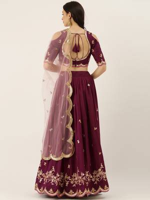 Burgundy Colour Satin Silk Flair Semi-Stitched Lehenga & Unstitched Blouse With Dupatta 2