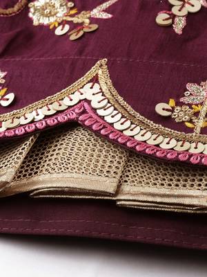 Burgundy Colour Satin Silk Flair Semi-Stitched Lehenga & Unstitched Blouse With Dupatta 4