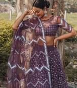 Burgundy Embroidered Net Semi-Stitched Lehenga & Unstitched Blouse With Dupatta