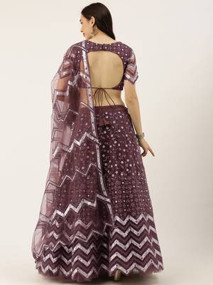 Burgundy Embroidered Net Semi-Stitched Lehenga & Unstitched Blouse With Dupatta 2