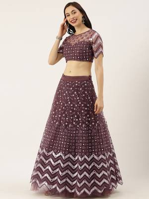 Burgundy Embroidered Net Semi-Stitched Lehenga & Unstitched Blouse With Dupatta 3